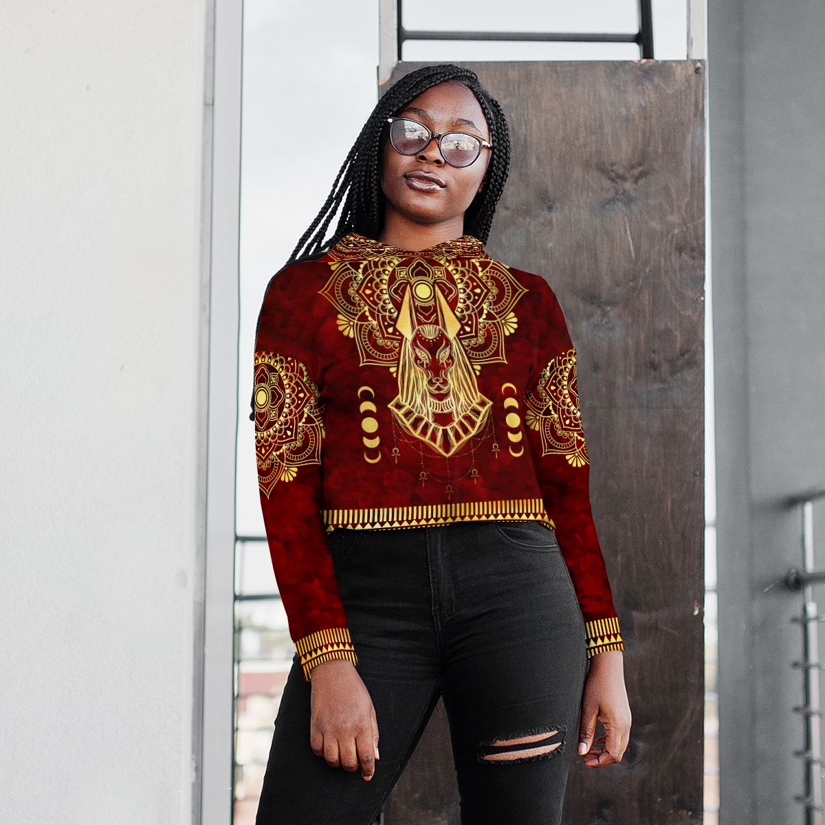 Anubis Pattern In Red Cropped Hoodie Cropped Hoodie Zootop Bear 