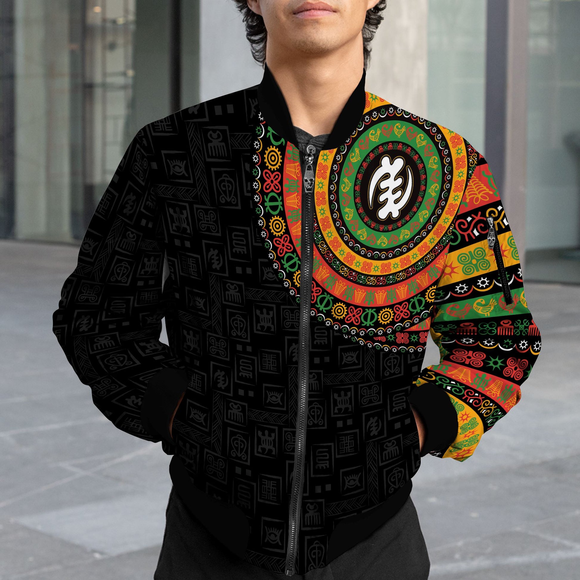 Adinkra Symbols Print Sleeve Bomber Jacket Bomber Jacket Version 2 Zootop Bear 