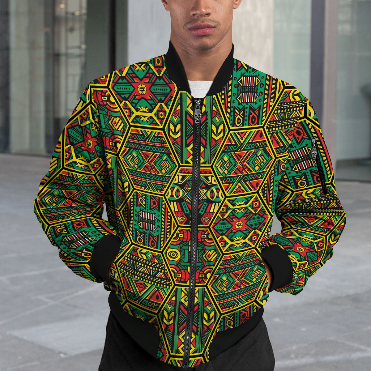 Hexagon African Patterns in Pan-African Colors Bomber Jacket Bomber Jacket Version 2 Zootop Bear 