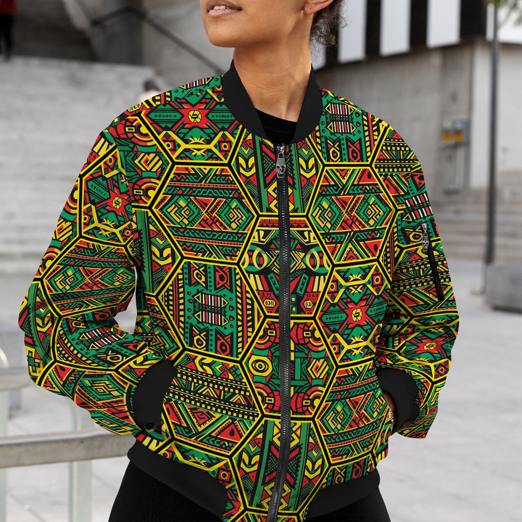 Hexagon African Patterns in Pan-African Colors Bomber Jacket Bomber Jacket Version 2 Zootop Bear 