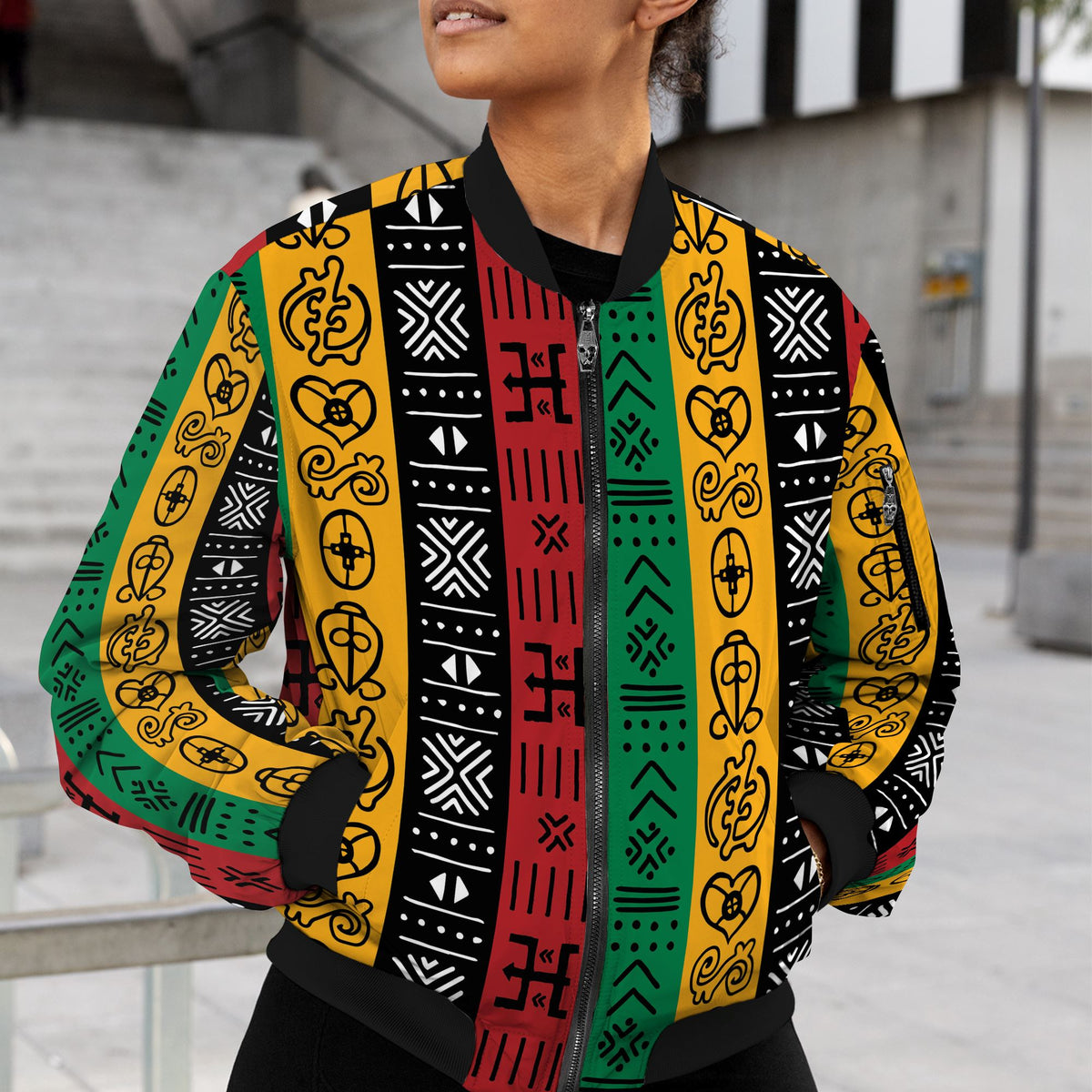 African Symbols in Pan-African Colors Bomber Jacket Bomber Jacket Version 2 Zootop Bear 