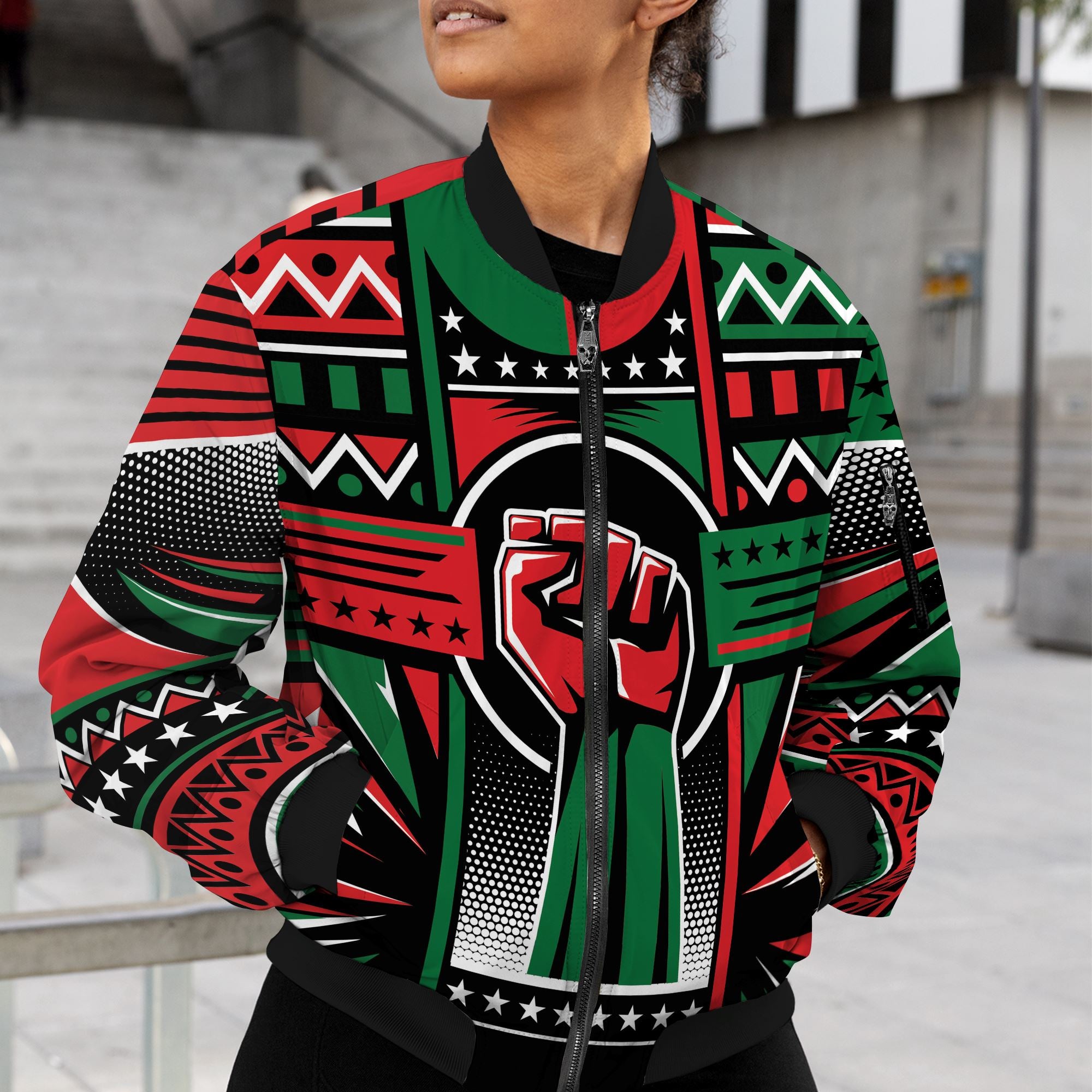 Power Fist And Patterns In Pan African Colors Bomber Jacket Bomber Jacket Version 2 Zootop Bear 