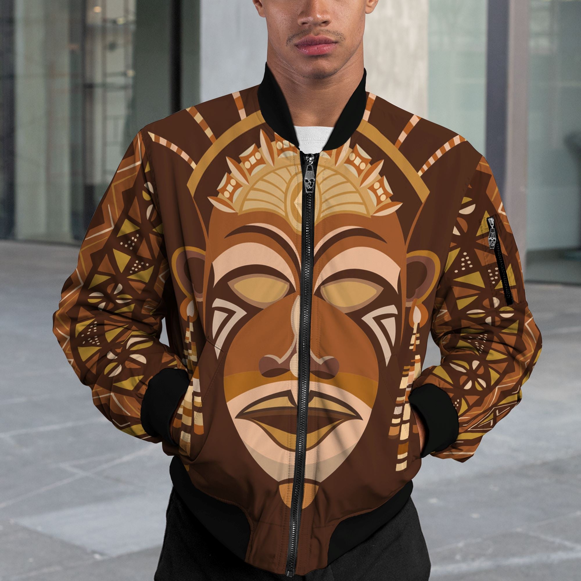 African Mask Printed Mudcloth Bomber Jacket Bomber Jacket Version 2 Zootop Bear 