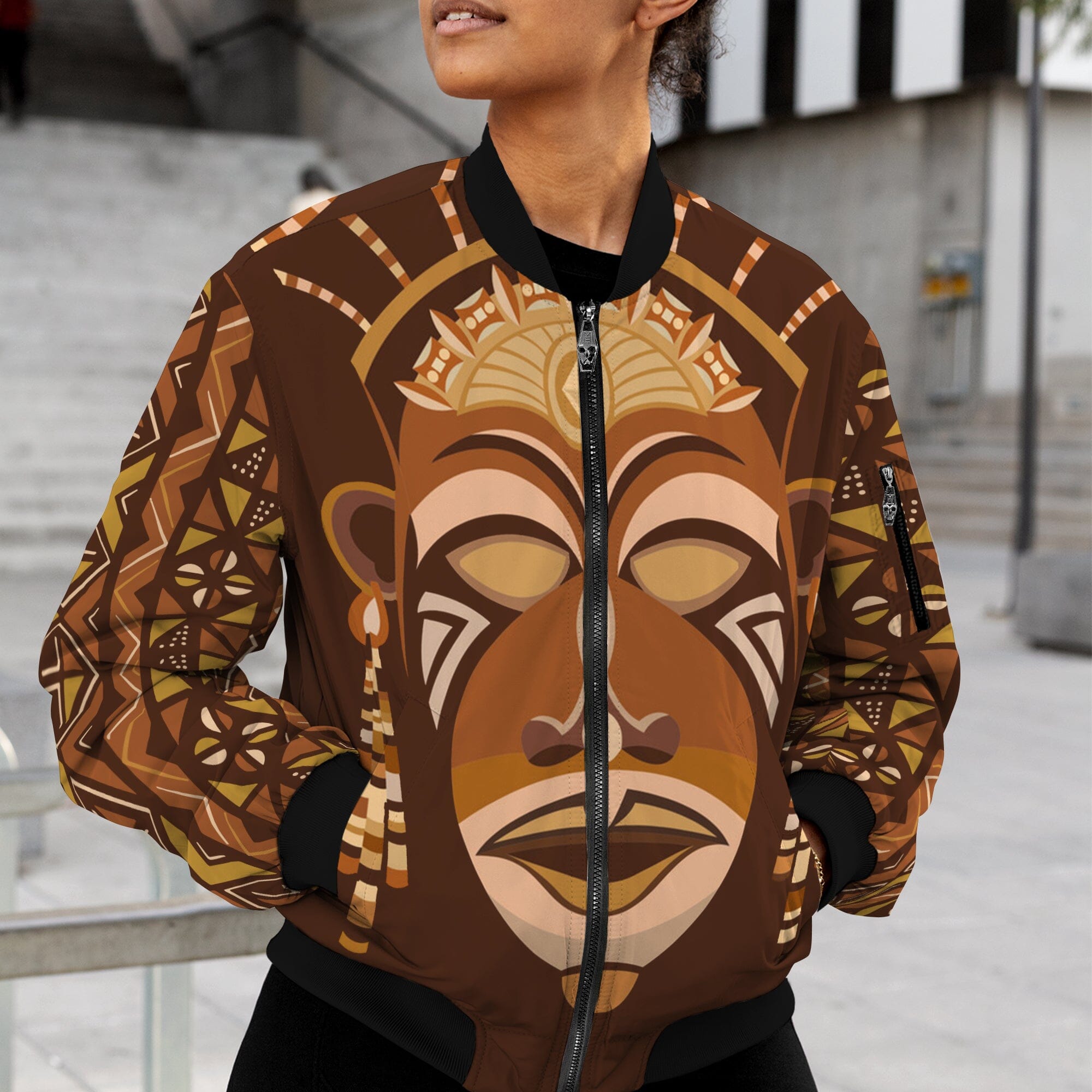 African Mask Printed Mudcloth Bomber Jacket Bomber Jacket Version 2 Zootop Bear 