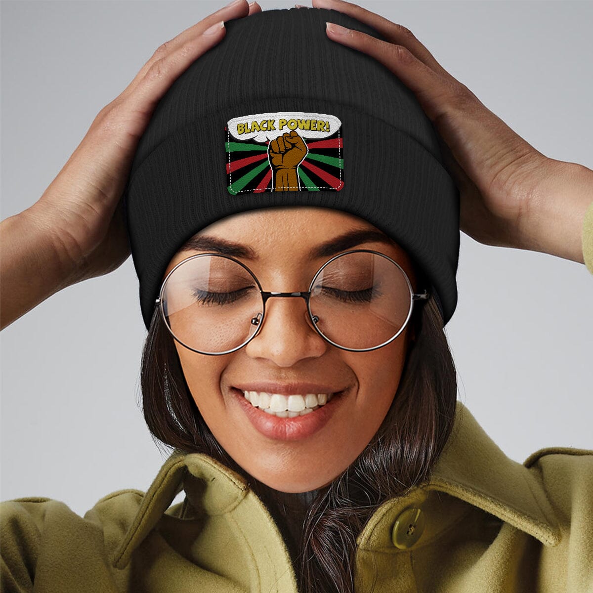 Black Power Leather Patch Beanie Hat Leather Patch Beanie Hat CustomCat 
