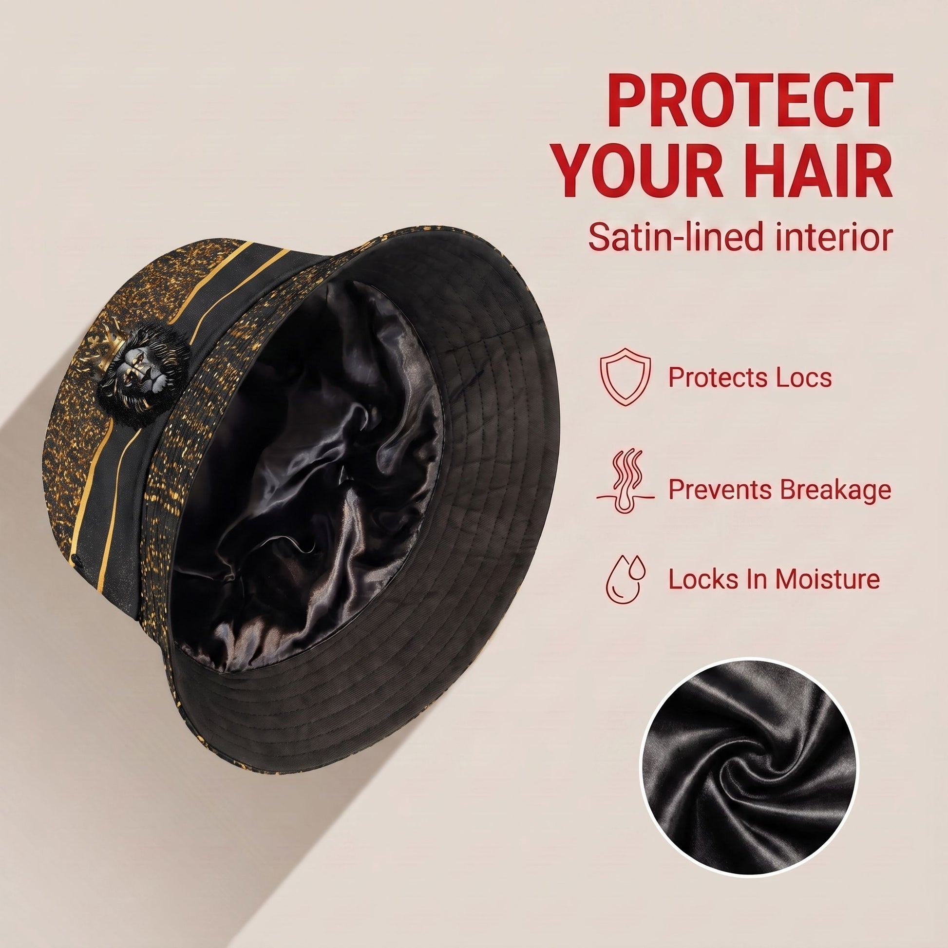 Black and Gold Lion Bucket Hat Bucket Hat Tianci Premium Satin Lined Average 