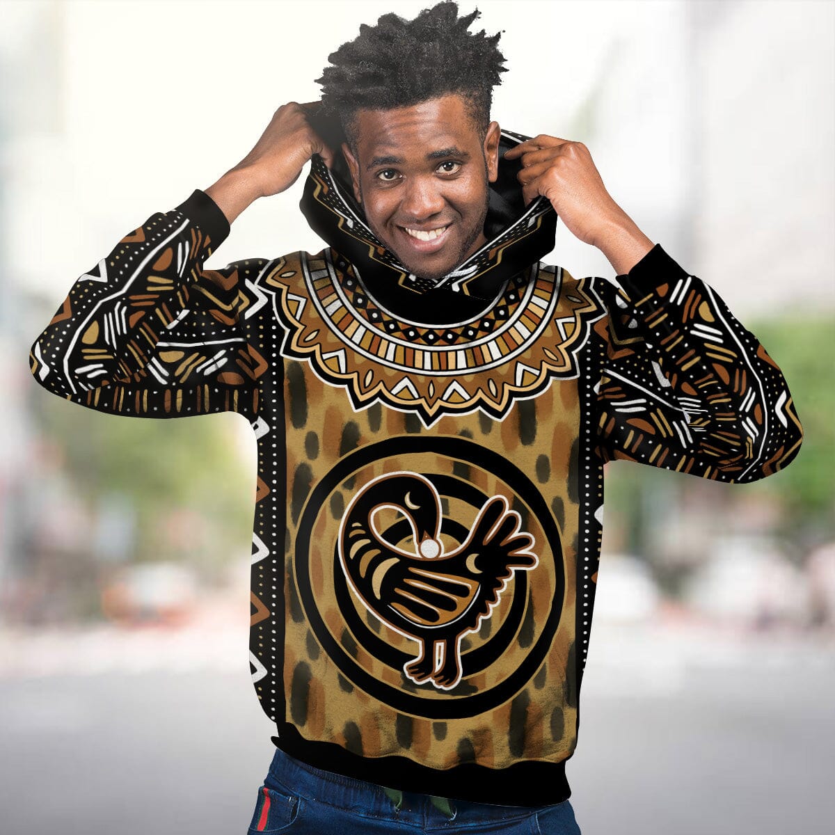 Printed Mud Cloth and Adinkra Symbol Premium Hoodie Fleece Hoodie Zootop Bear 