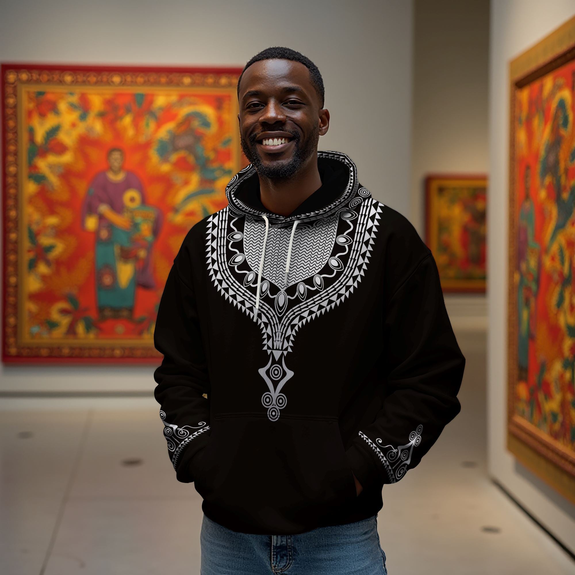 大型 NEW ETHNIC Seidea Print Design Printed Dashiki Color Black All-over Hoodie | African American