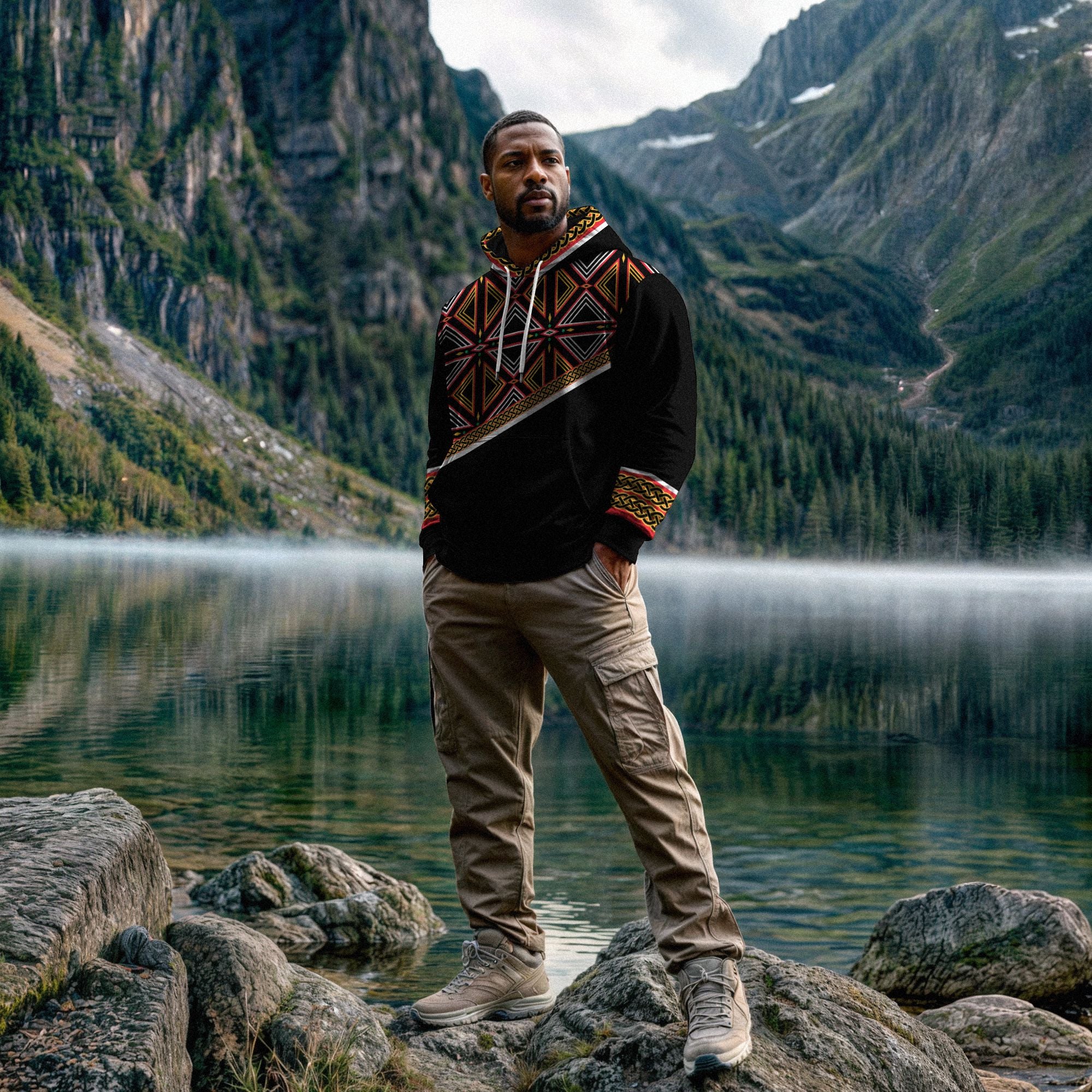 noon！6(ROKU)AFRICAN PRINT PULLOVER Kibo Men's African Print Quarter-Zip Sweater (Navy Tan Tribal)