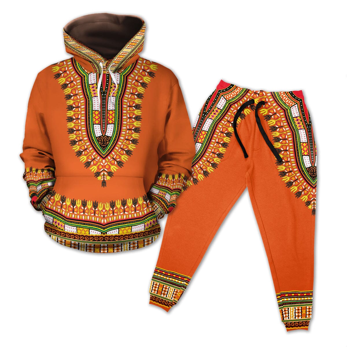 Printed Dashiki In Orange Fleece All-over Hoodie And Joggers Set Hoodie Joggers Set Tianci 