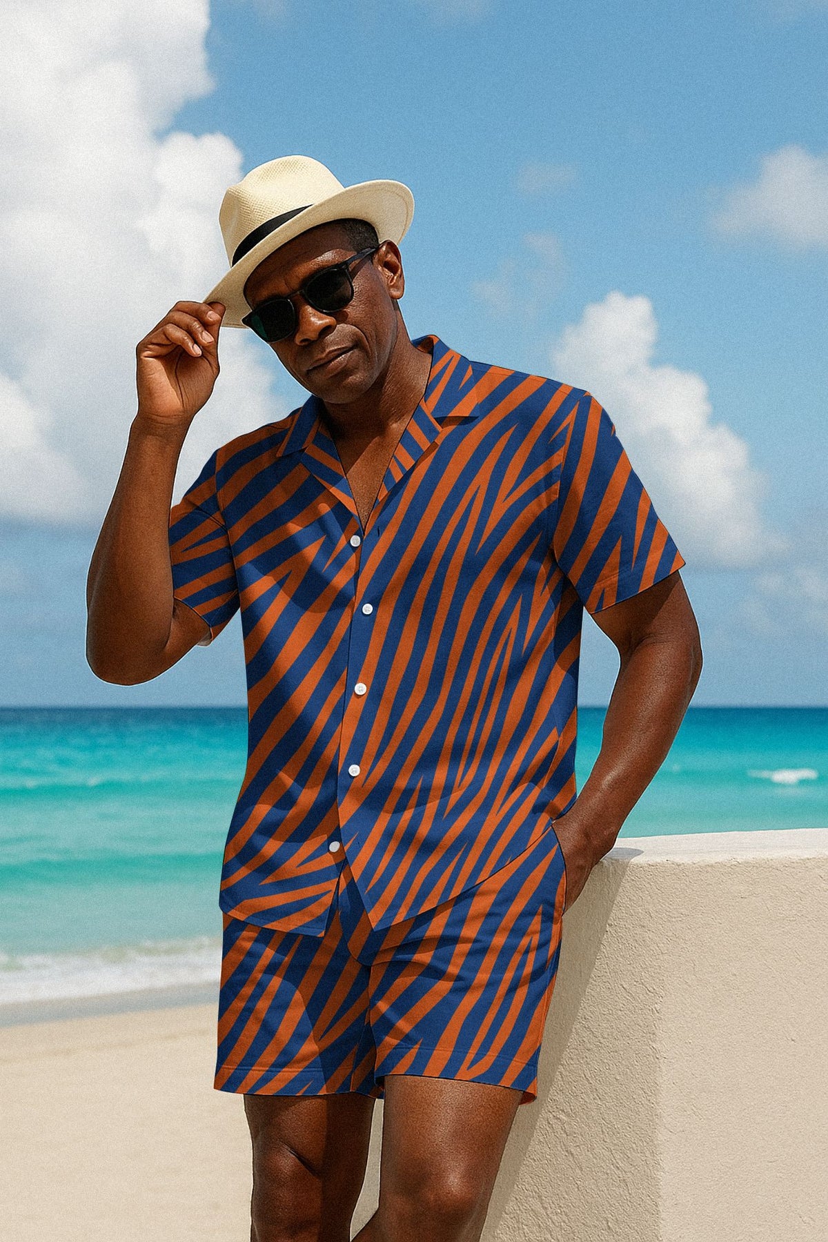 Orange and Cobalt Zebra Hawaiian Shirt and Shorts Set Hawaiian Shirt And Shorts Set Tianci 