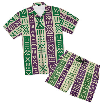 Purple and Green Mudcloth Hawaiian Shirt and Shorts Set Hawaiian Shirt And Shorts Set Tianci 
