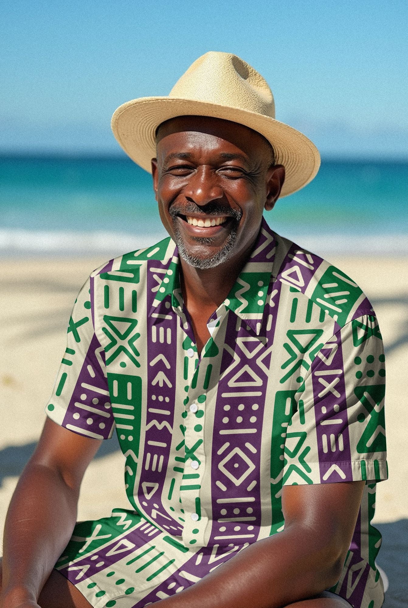 Purple and Green Mudcloth Hawaiian Shirt and Shorts Set Hawaiian Shirt And Shorts Set Tianci 