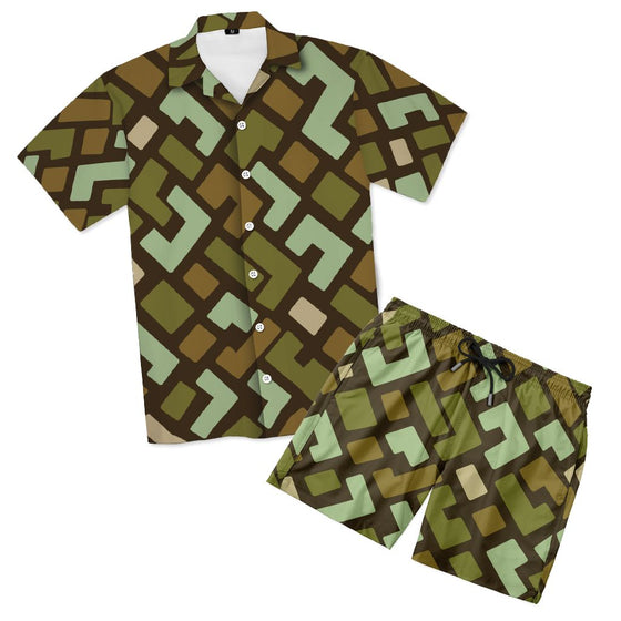 Earth Tones and Mint Green Kuba Pattern Hawaiian Shirt and Shorts Set Hawaiian Shirt And Shorts Set Tianci 