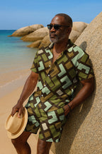 Earth Tones and Mint Green Kuba Pattern Hawaiian Shirt and Shorts Set Hawaiian Shirt And Shorts Set Tianci 