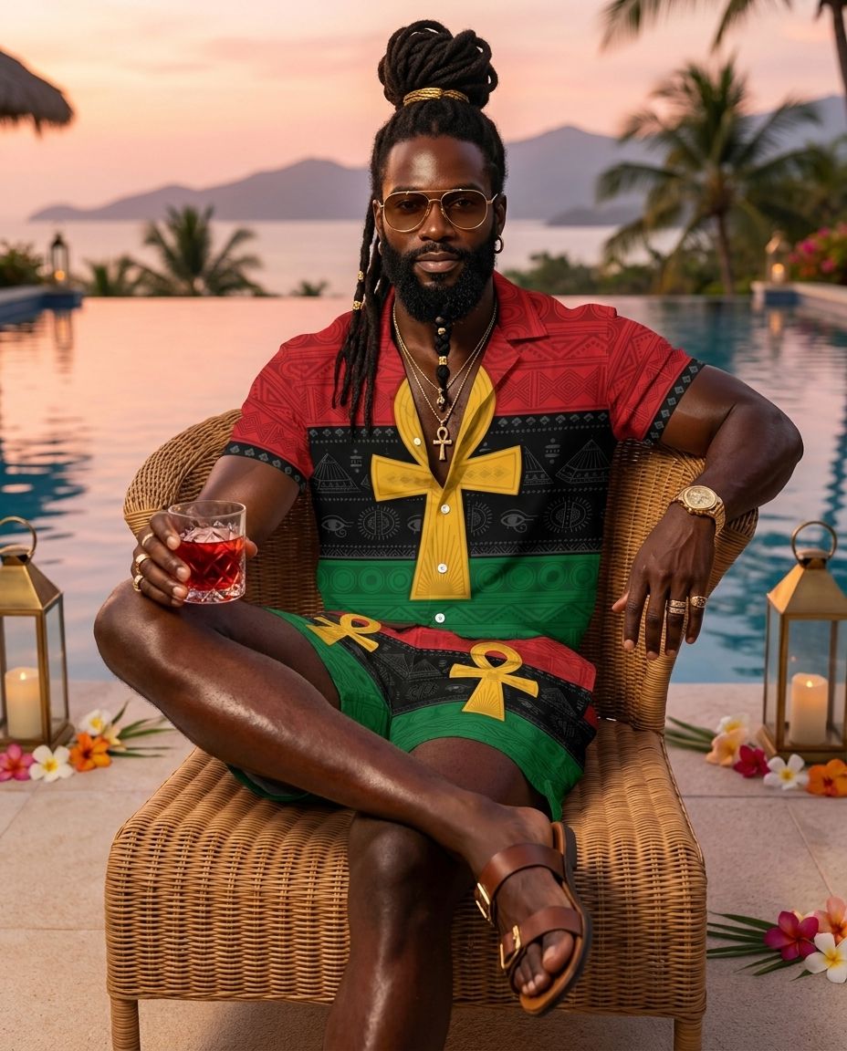 Pan Africa Ankh Hawaiian Shirt And Shorts Set Hawaiian Shirt And Shorts Set Melaninful S S 