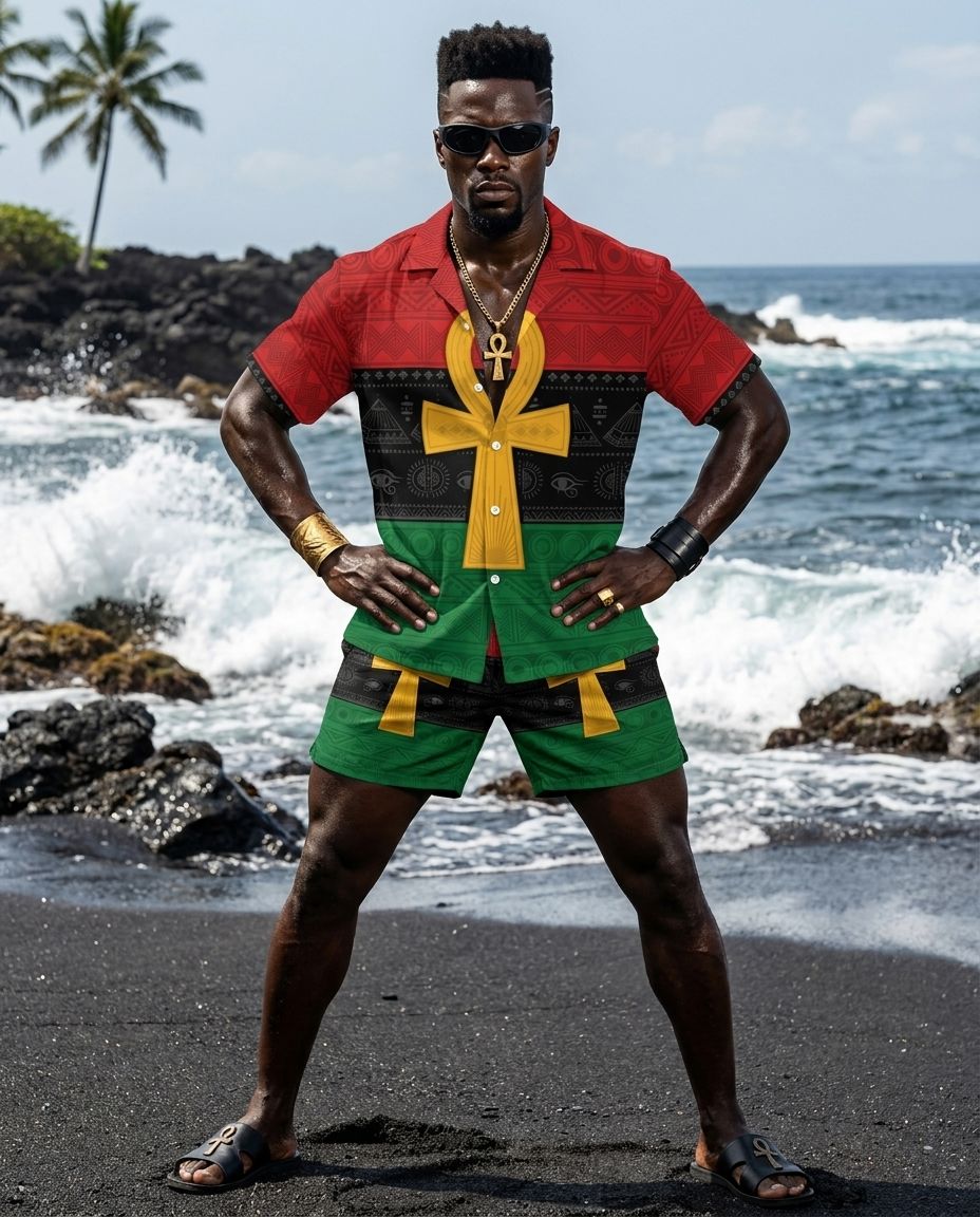 Pan Africa Ankh Hawaiian Shirt And Shorts Set Hawaiian Shirt And Shorts Set Melaninful 