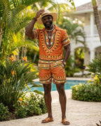 Printed Dashiki In Orange Hawaiian Shirt And Shorts Set Hawaiian Shirt And Shorts Set Melaninful 