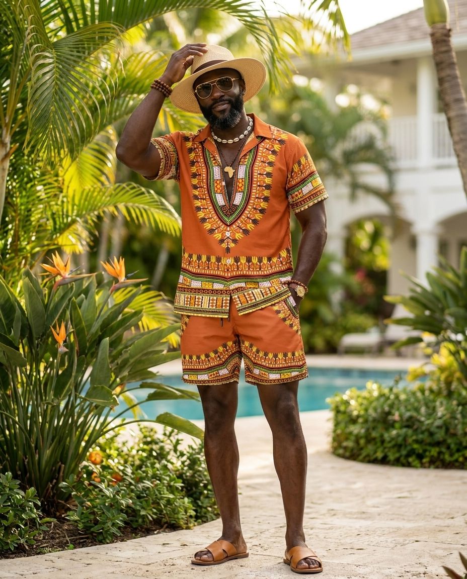 Printed Dashiki In Orange Hawaiian Shirt And Shorts Set Hawaiian Shirt And Shorts Set Melaninful 