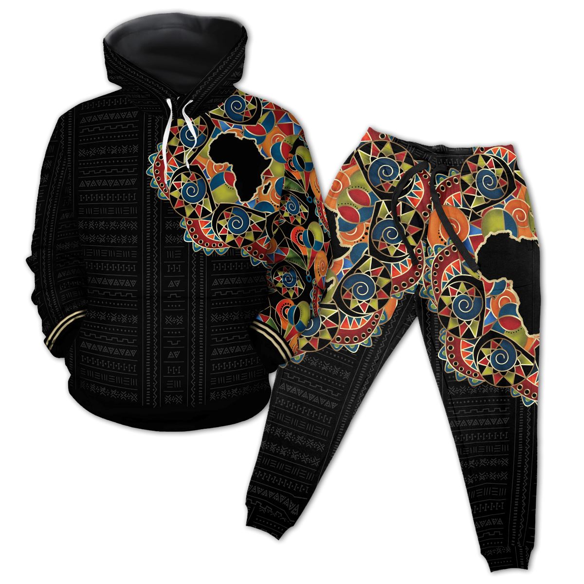Multi-Colored African Pattern Print All-over Hoodie and Joggers Set Hoodie Joggers Set Tianci 
