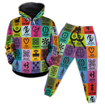 Multi Color Adinkra Symbols All-over Hoodie and Joggers Set Hoodie Joggers Set Tianci 