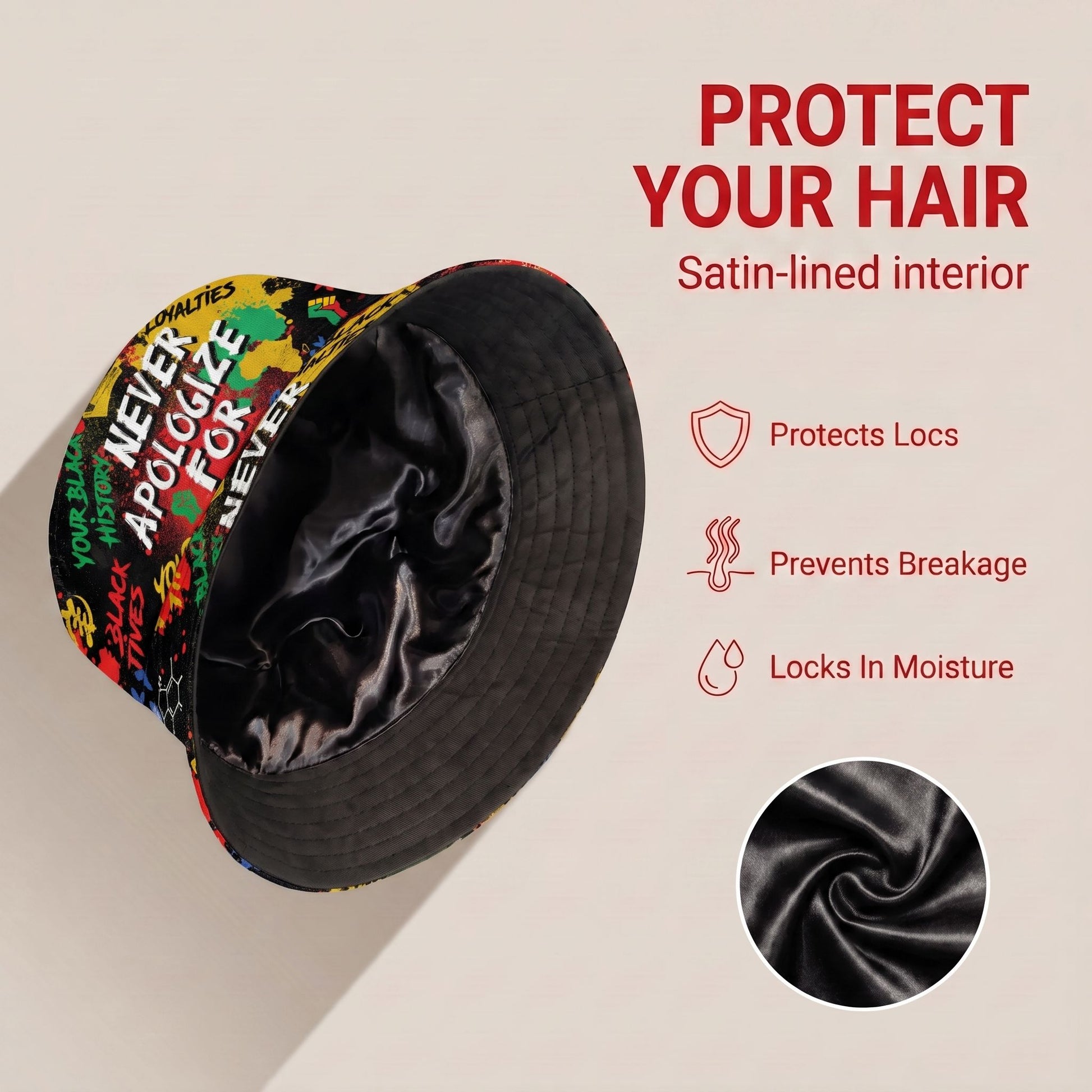 Never Apologize For Being Black Bucket Hat Bucket Hat Tianci Premium Satin Lined Average 