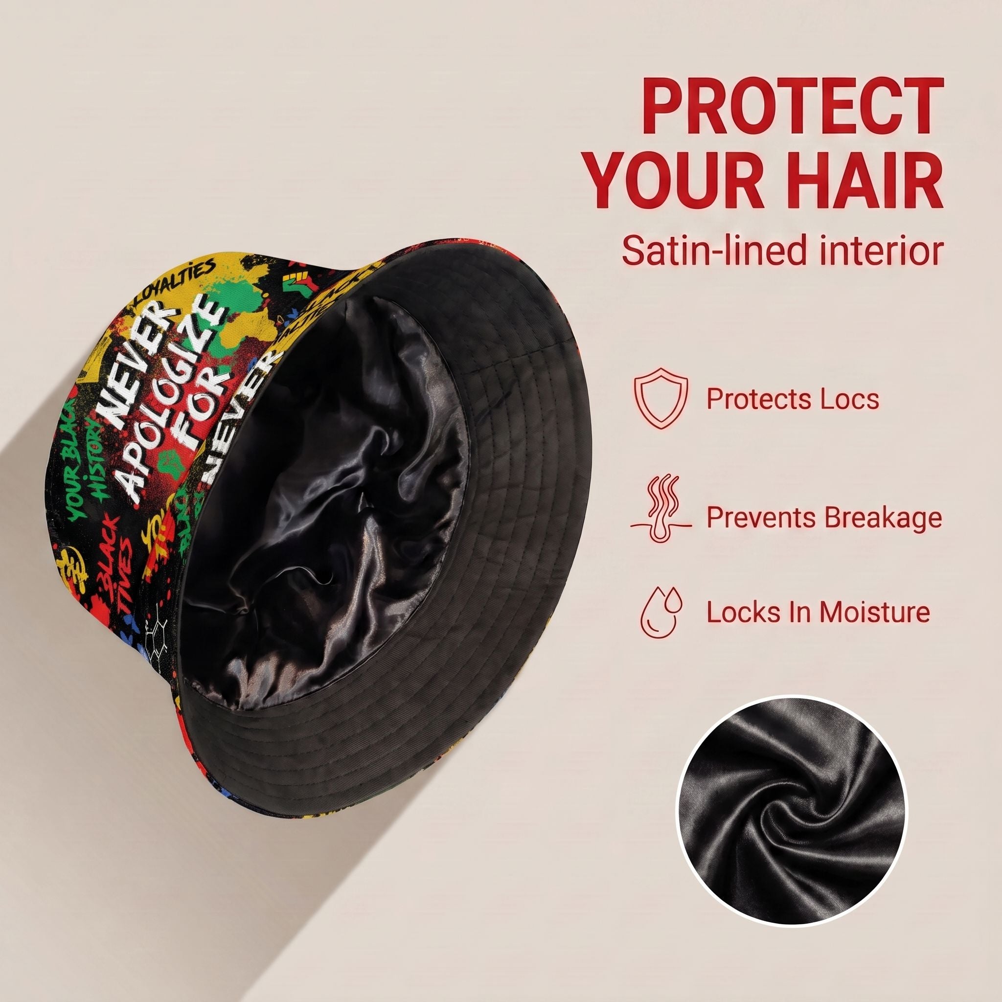 Never Apologize For Being Black Bucket Hat Bucket Hat Tianci Premium Satin Lined Average 