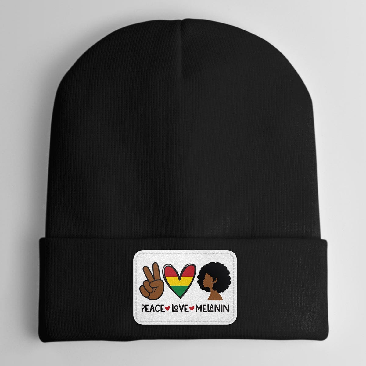 Peace Love Melanin Leather Patch Beanie Hat Leather Patch Beanie Hat CustomCat White Patch Black 