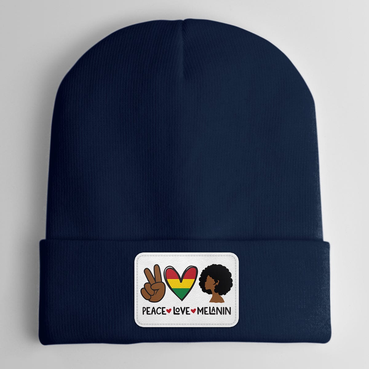 Peace Love Melanin Leather Patch Beanie Hat Leather Patch Beanie Hat CustomCat White Patch Navy 