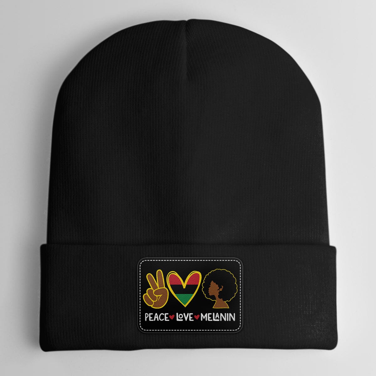 Peace Love Melanin Leather Patch Beanie Hat Leather Patch Beanie Hat CustomCat Black Patch Black 