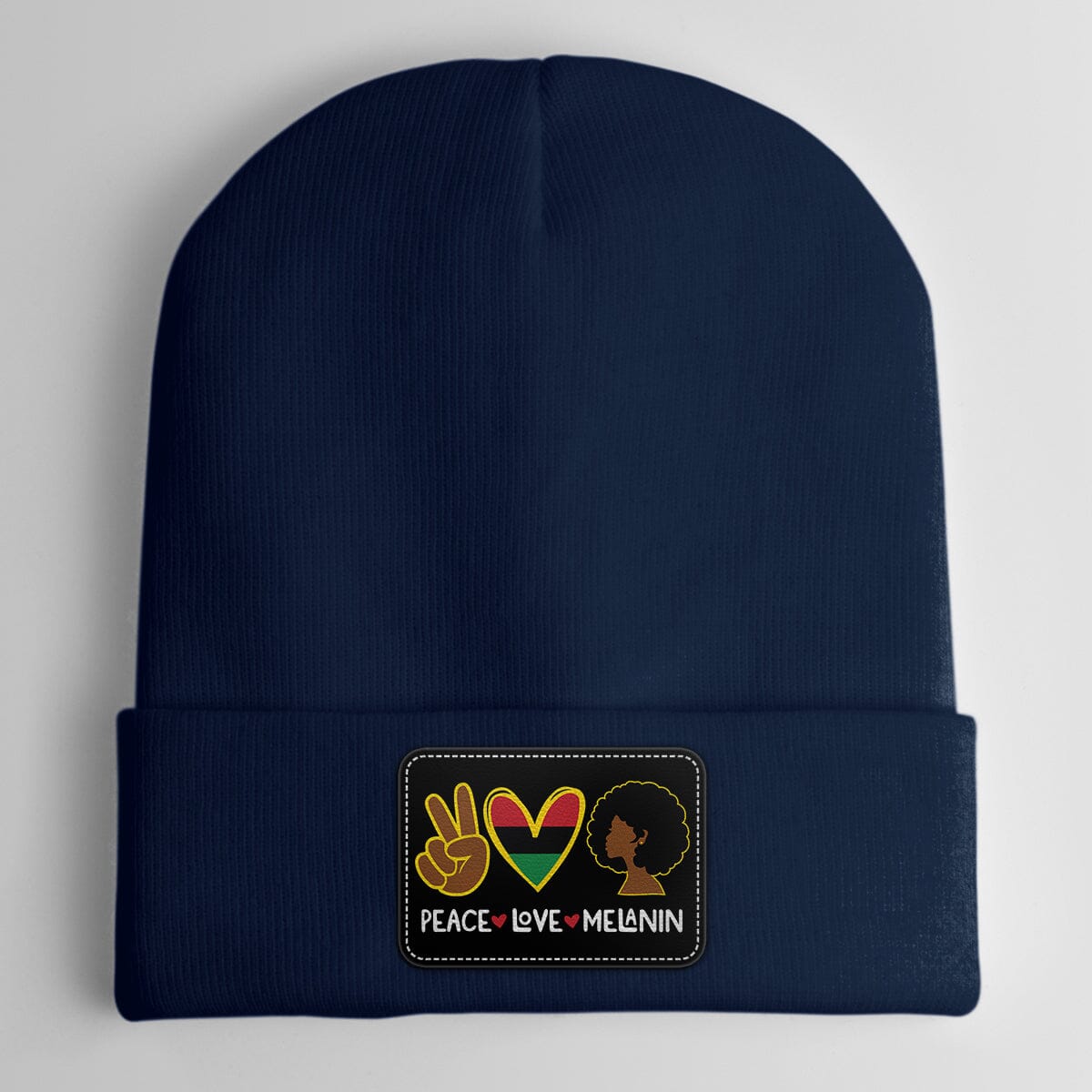 Peace Love Melanin Leather Patch Beanie Hat Leather Patch Beanie Hat CustomCat Black Patch Navy 