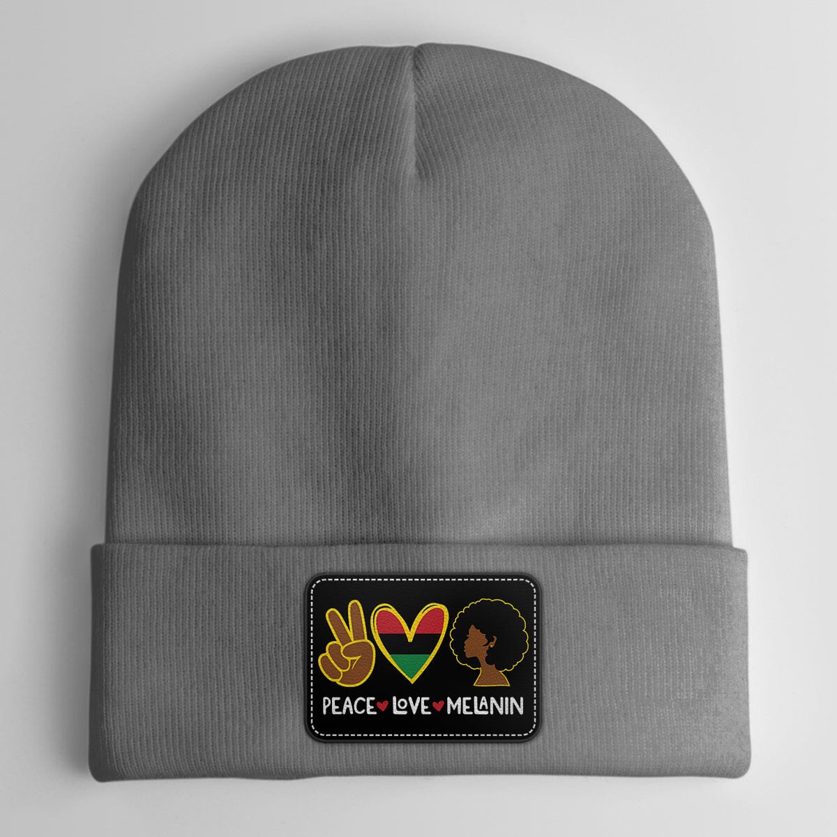 Peace Love Melanin Leather Patch Beanie Hat Leather Patch Beanie Hat CustomCat Black Patch Grey 