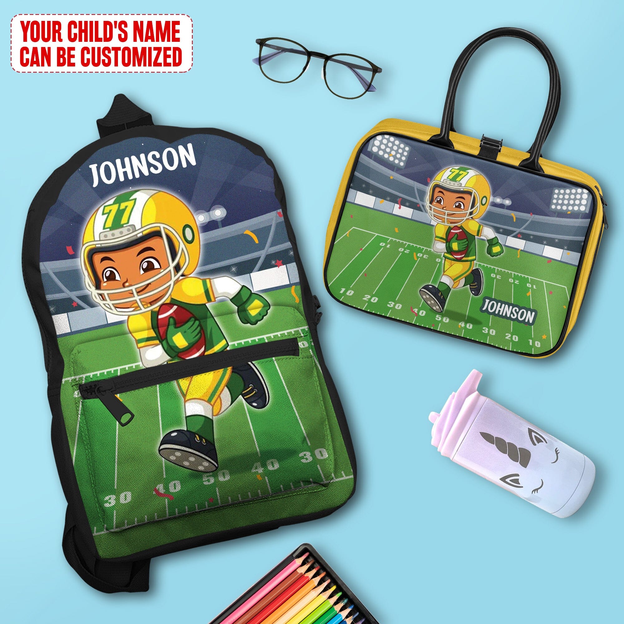 Personalized Little Afro American Football Player Kid Backpack And Lunch Bag Set Kid Backpack And Lunch Bag Set Melaninful 