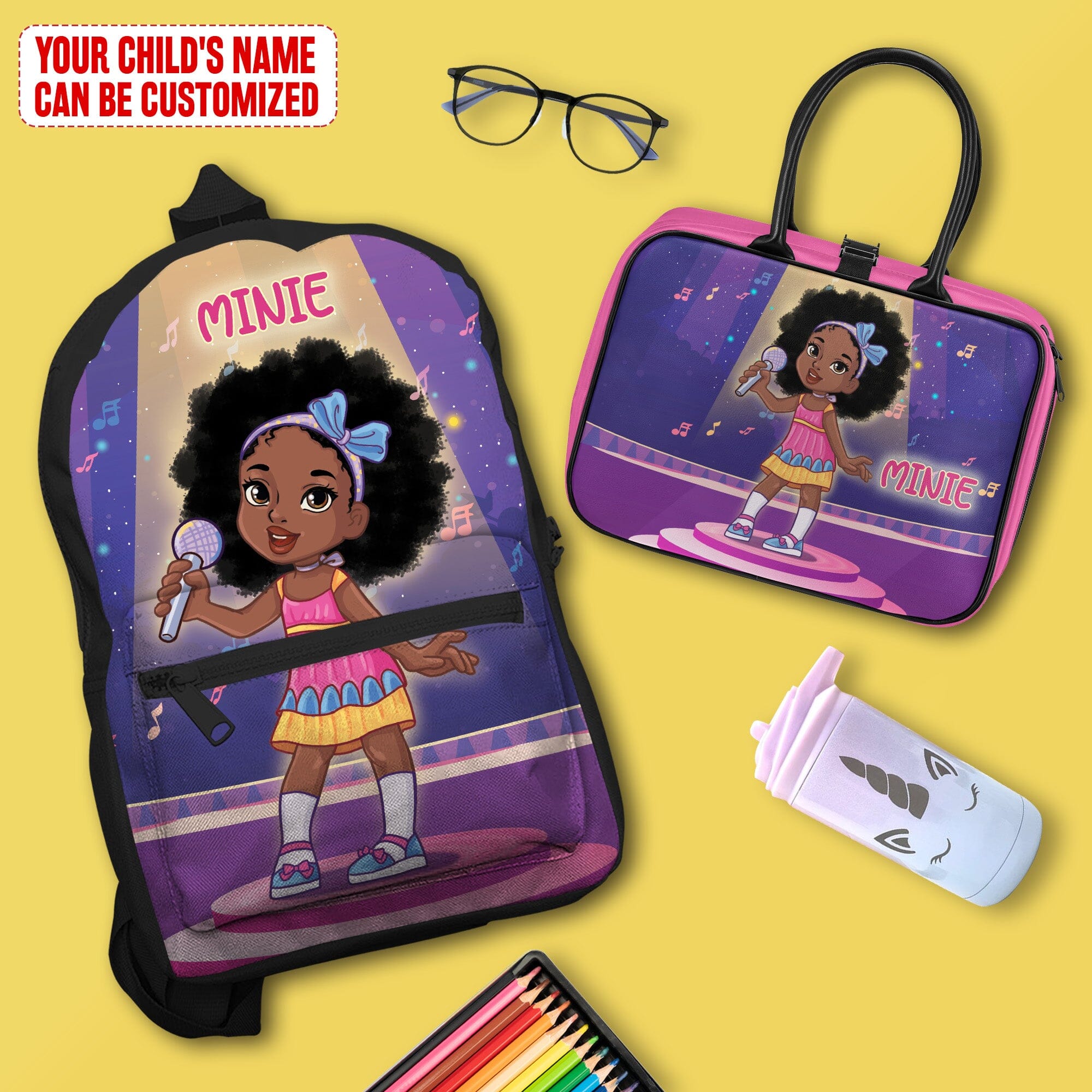 Personalized Little Afro Singer Kid Backpack And Lunch Bag Set Kid Backpack And Lunch Bag Set Melaninful 