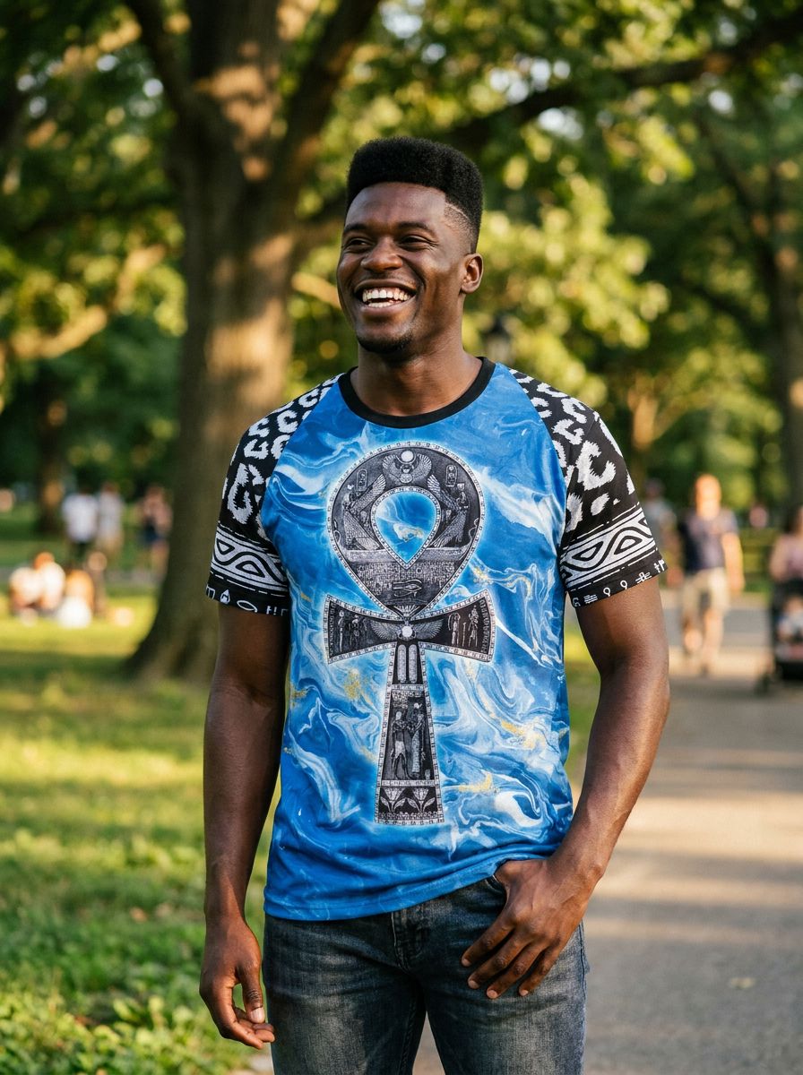 Ankh On Blue Marble T-shirt AOP Tee Tianci 