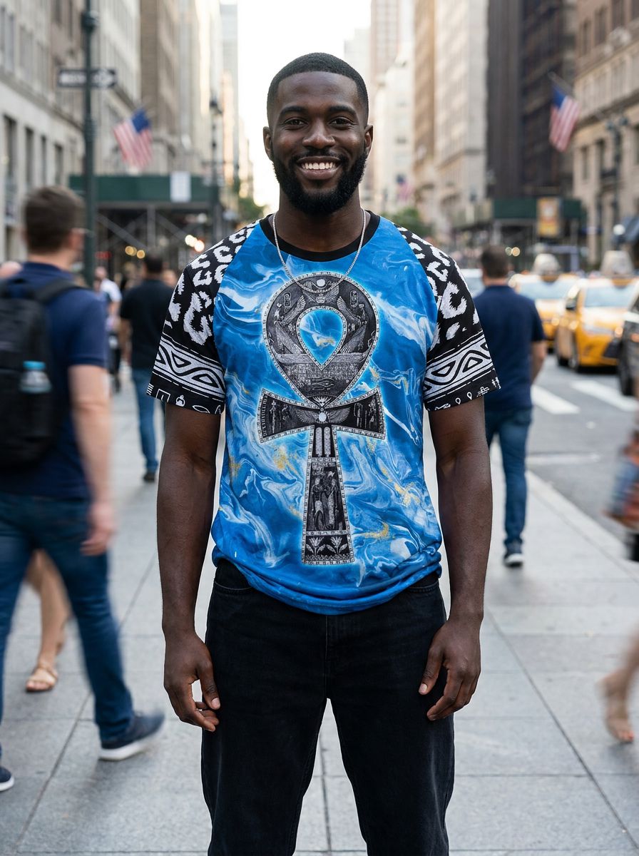 Ankh On Blue Marble T-shirt AOP Tee Tianci 