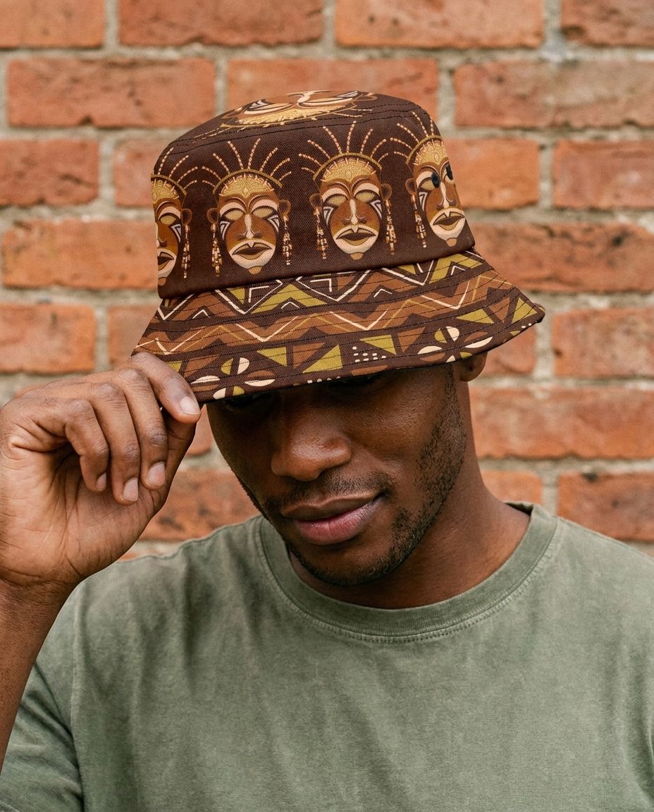 African Mask Printed Mudcloth Bucket Hat Bucket Hat Tianci 