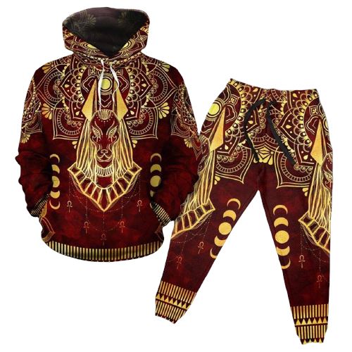 Anubis Pattern In Red Fleece All-over Hoodie And Joggers Set