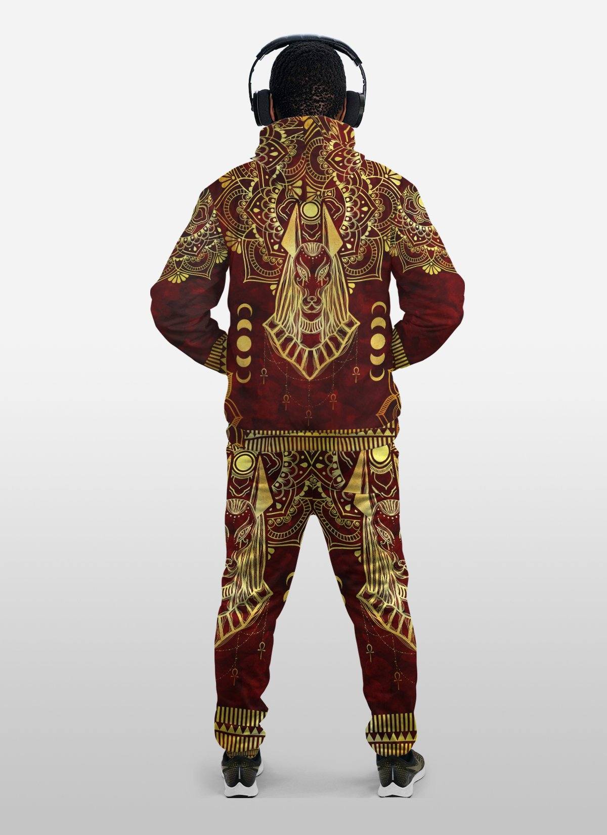 Anubis Pattern In Red Fleece All-over Hoodie And Joggers Set Hoodie Joggers Set Tianci 