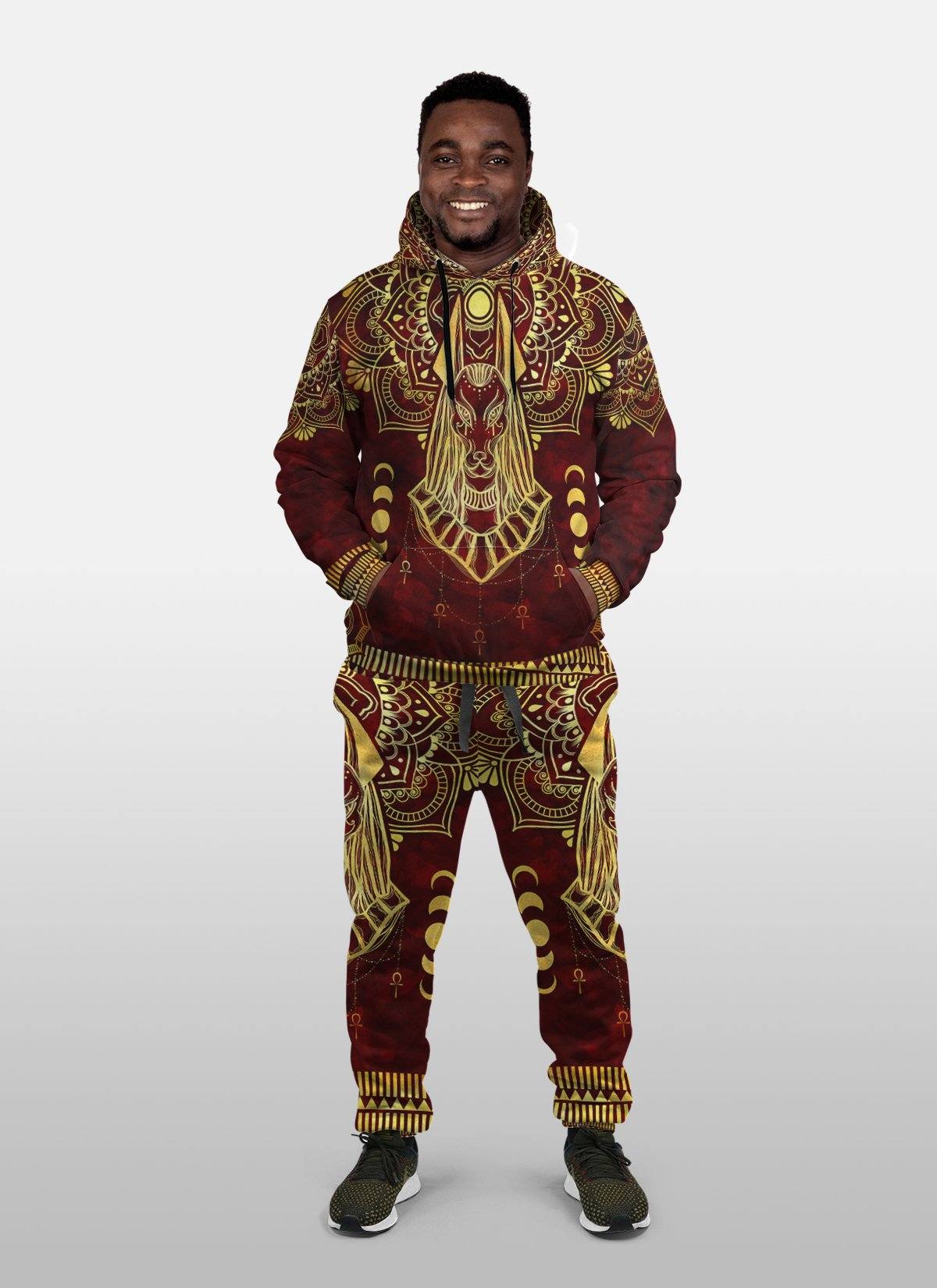 Anubis Pattern In Red Fleece All over Hoodie And Joggers Set African