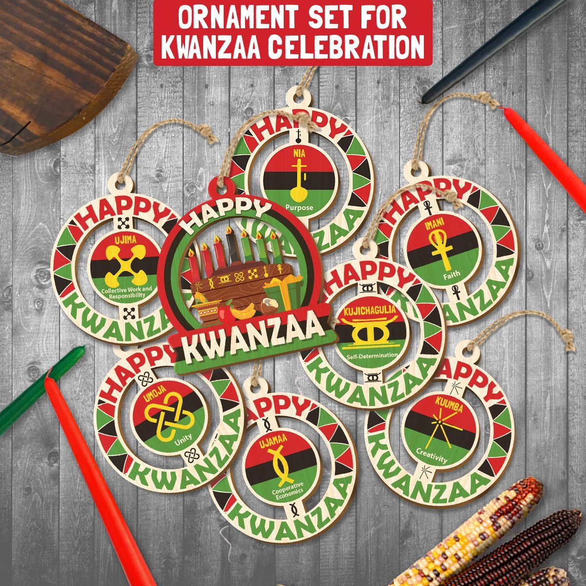 Happy Kwanzaa Set of 8 Wood Ornaments Christmas Ornament Tianci Full pack 