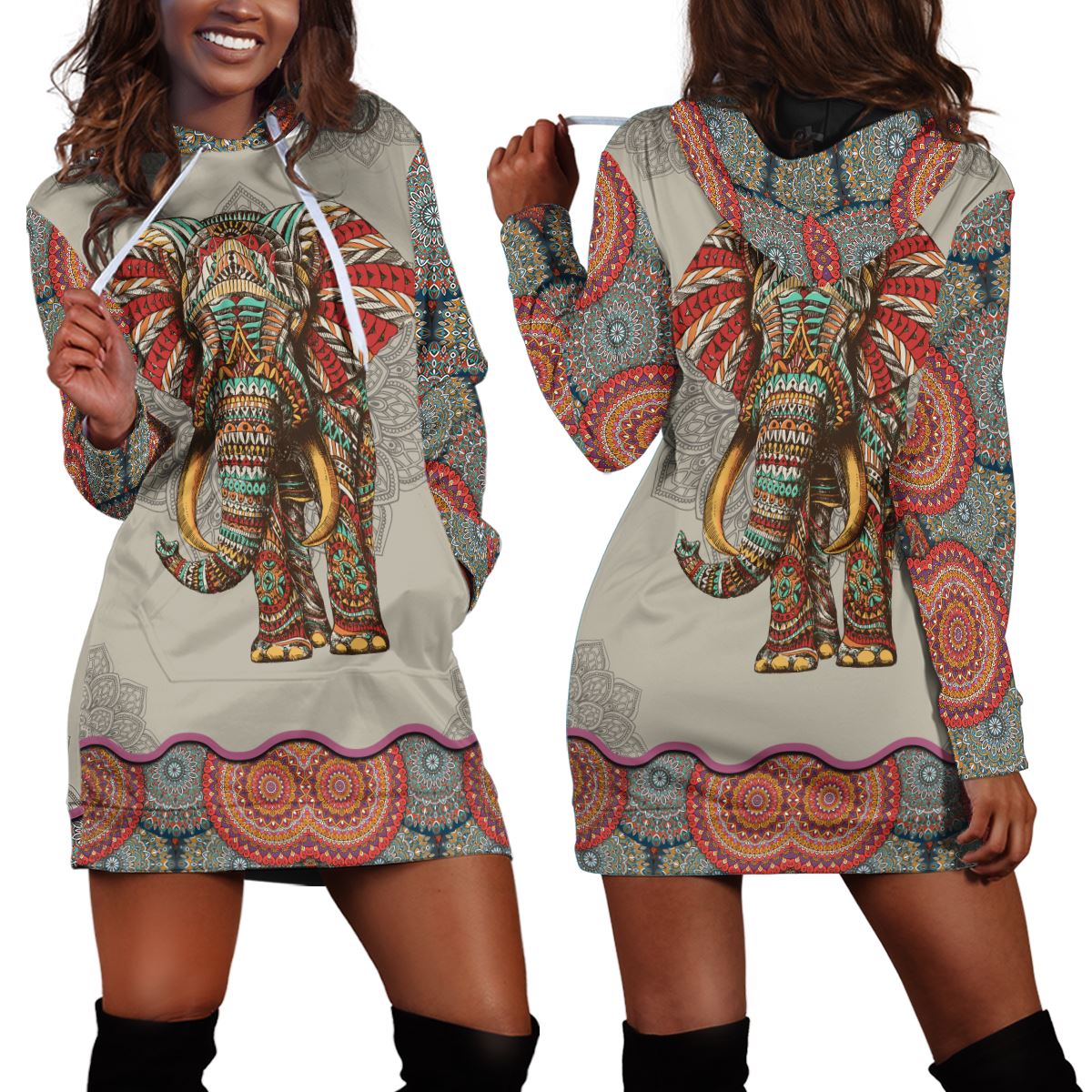 Elephant Mandala Pullover Hoodie Dress Hoodie Dress Tianci 