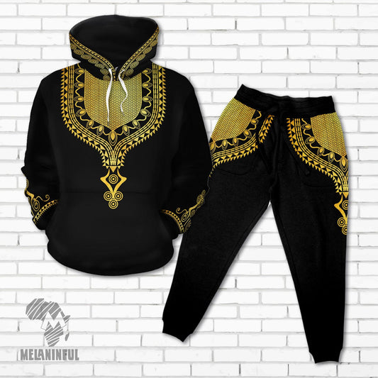Printed Gold Pattern Dashiki All-over Hoodie And Joggers Set