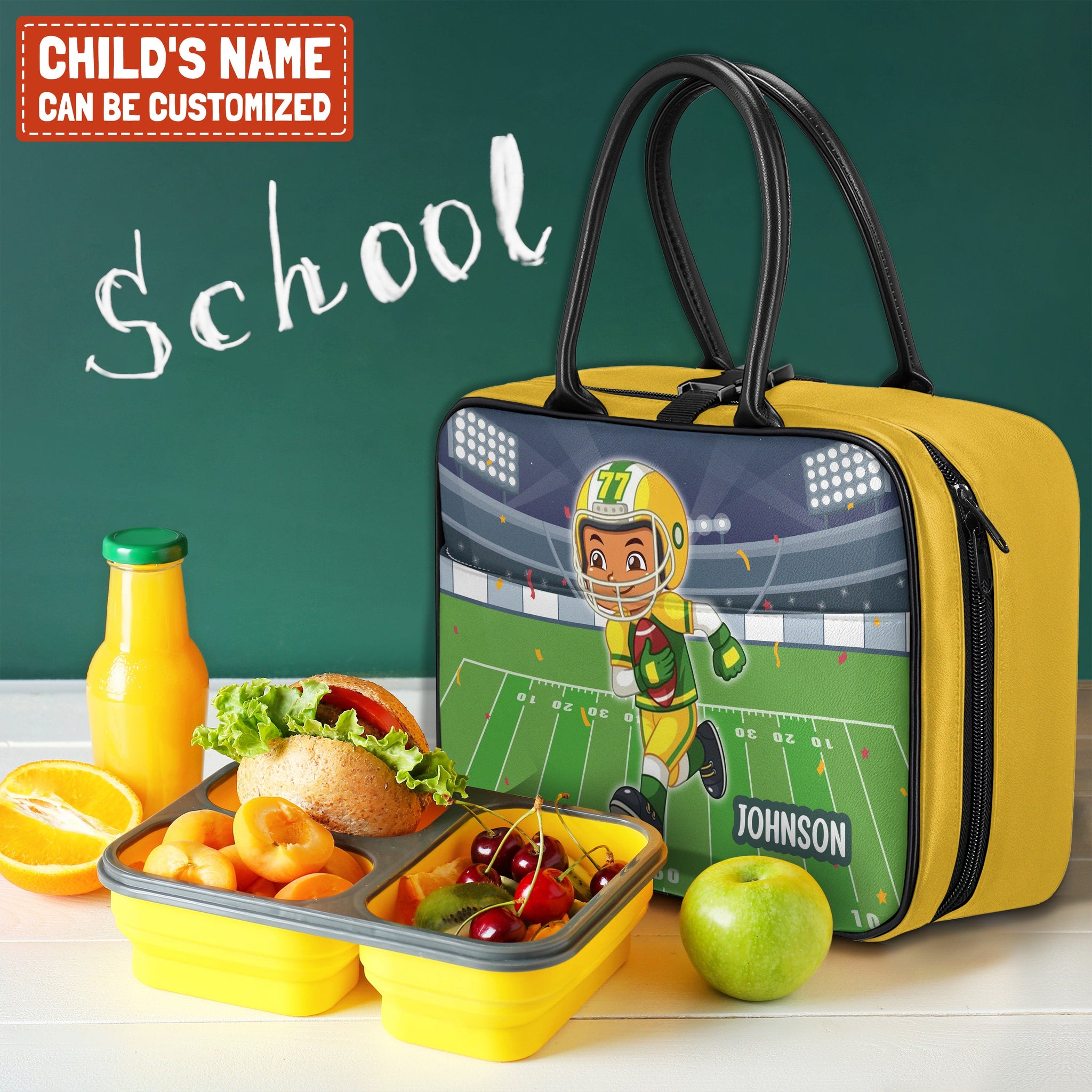 Personalized Little Afro American Football Player Leather Lunch Bag For Kids (Without Containers) Kid Lunch bag Tianci 